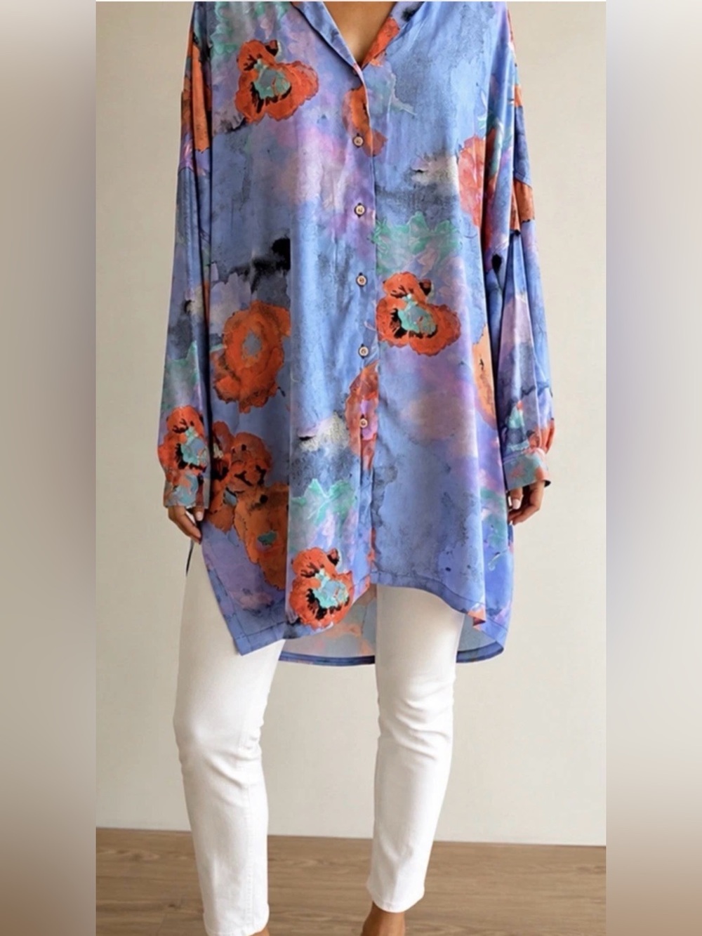 Island Moon Vintage Tunic Shirt dress size M watercolor floral Made USA.